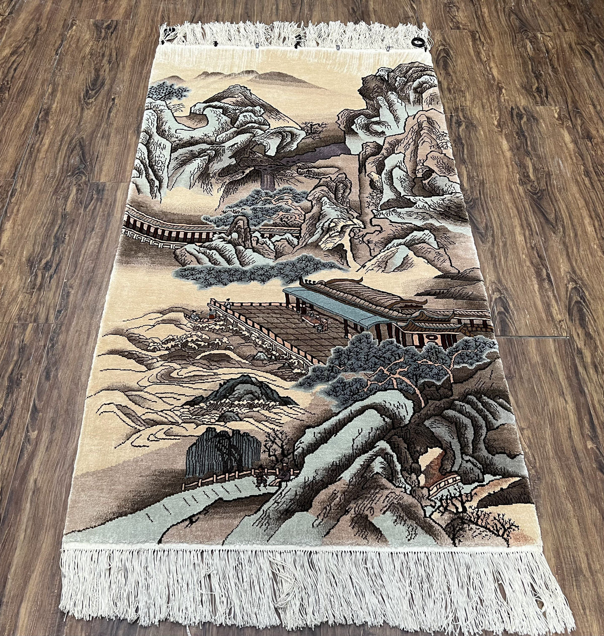 Silk Chinese Wall Hanging Rug 3x6 ft Tapestry, Pagoda Scene, Pictorial, High Quality Fine Hand Knotted Vintage, Asian Oriental Handmade Nice - Jewel Rugs, view 2