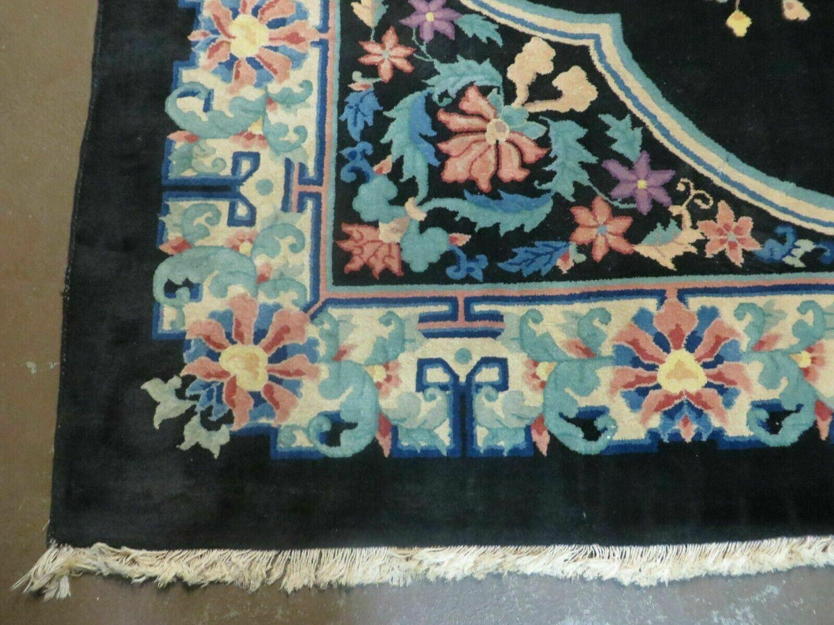 Black Chinese Wool Rug 8x10, Art Deco Floral Carpet, Soft Plush Pile - Jewel Rugs, view 8