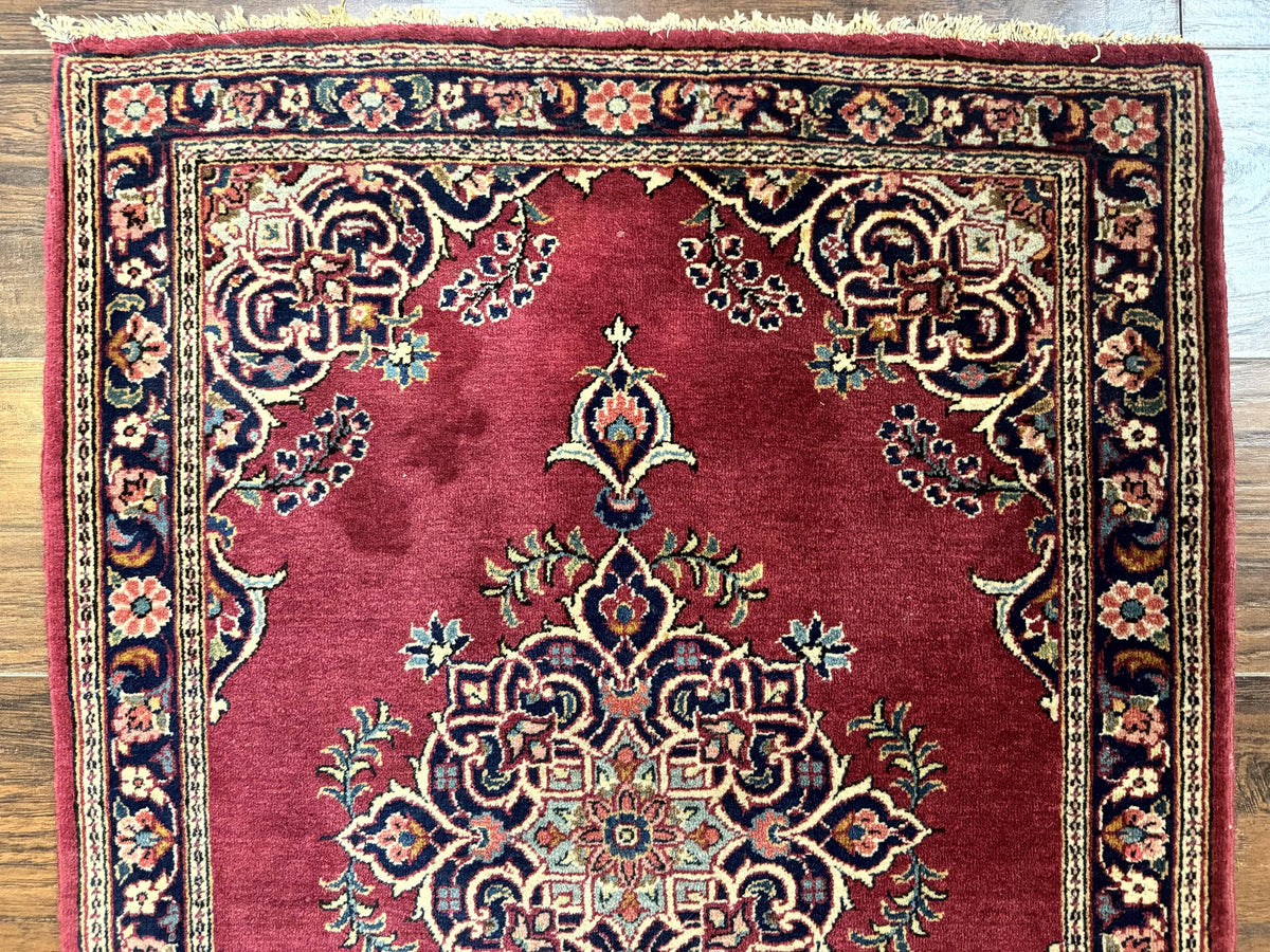 Small Persian Kashan Rug 2x3, Red and Navy Blue, Handmade Vintage Wool Semi Antique Persian Carpet, Semi Open Field - Jewel Rugs, view 3