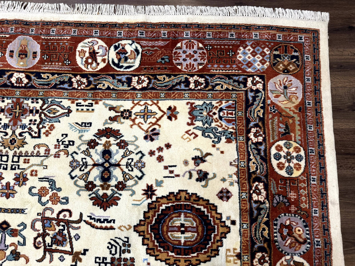 Indo Chinese Wool Rug 9x12, Ivory and Rust Red, Dragon Motifs - Jewel Rugs, view 8