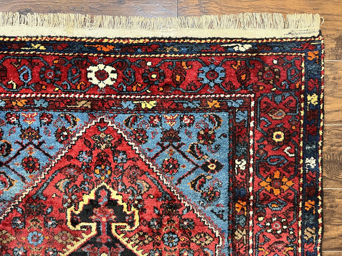 Antique Persian Tribal Rug 4x7, Wool Handmade 1920s Carpet, Red Blue, Persian Hamadan Rug - Jewel Rugs, view 7