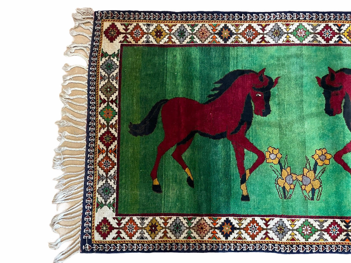 4 X 7 Handmade Rug Zagros Quality Wool Pictorial Horses Green Butterfly Colorful - Jewel Rugs, view 6