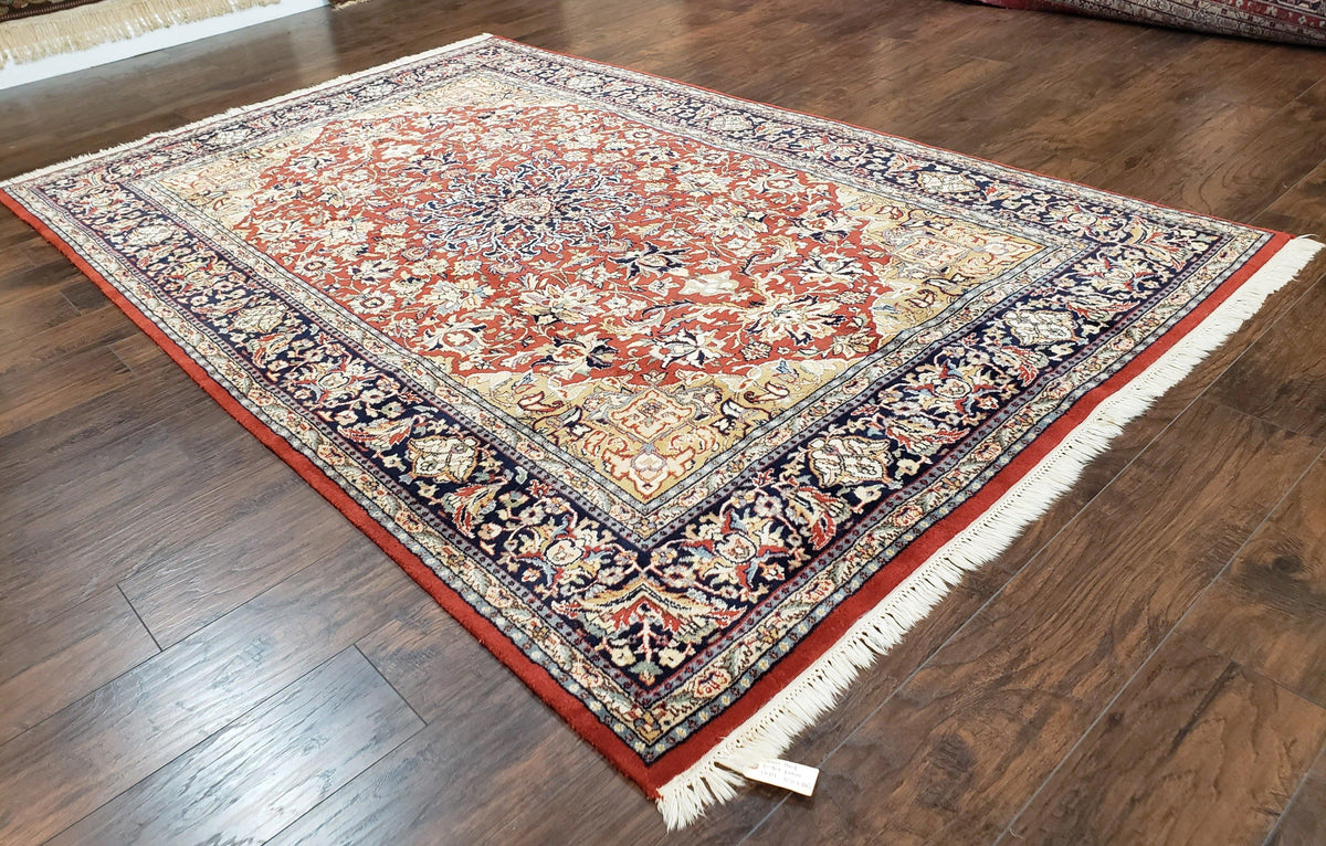Vintage Indo Persian Oriental Rug 6 x 9.6, Wool Hand-Knotted Red Dark Blue & Gold Indian Carpet, 6 x 9 Office Room Rug, Floral Medallion - Jewel Rugs, view 2
