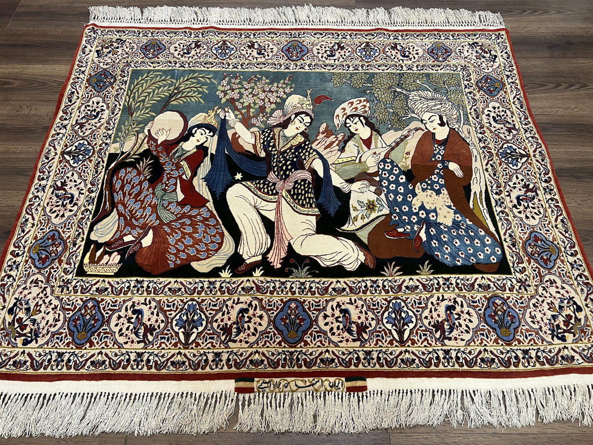 Persian Pictorial Rug 5 x 4 ft, Persian Isfahan Rug, Kork Wool on Silk Foundation, Signature from Master Weaver, Drums and Musical Instruments, Birds, Detailed - Jewel Rugs, view 2