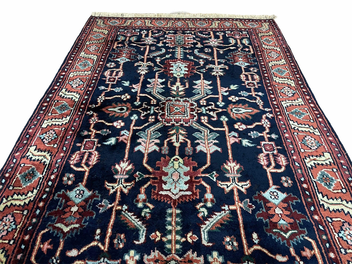 4x6 Vintage Handmade Wool Geometric Rug Organic Dyes Blue Red Hand-Knotted Rug - Jewel Rugs, view 12