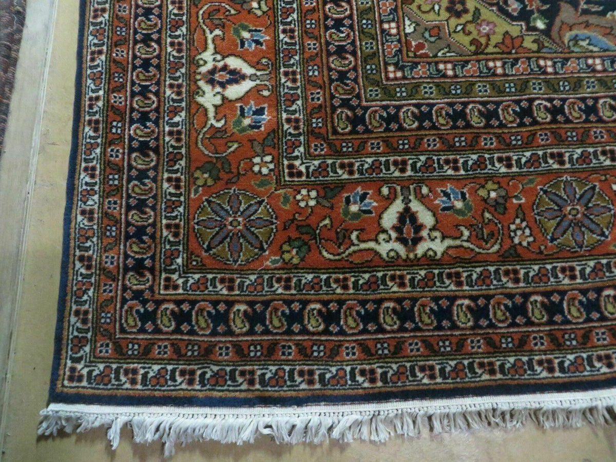 Indo Persian Rug 9x12, Semi Open Field Medallion, Ivory Tomato Red Navy Blue, Hand Knotted Indian Oriental Wool Carpet 9 x 12 ft, Room Sized - Jewel Rugs, view 9