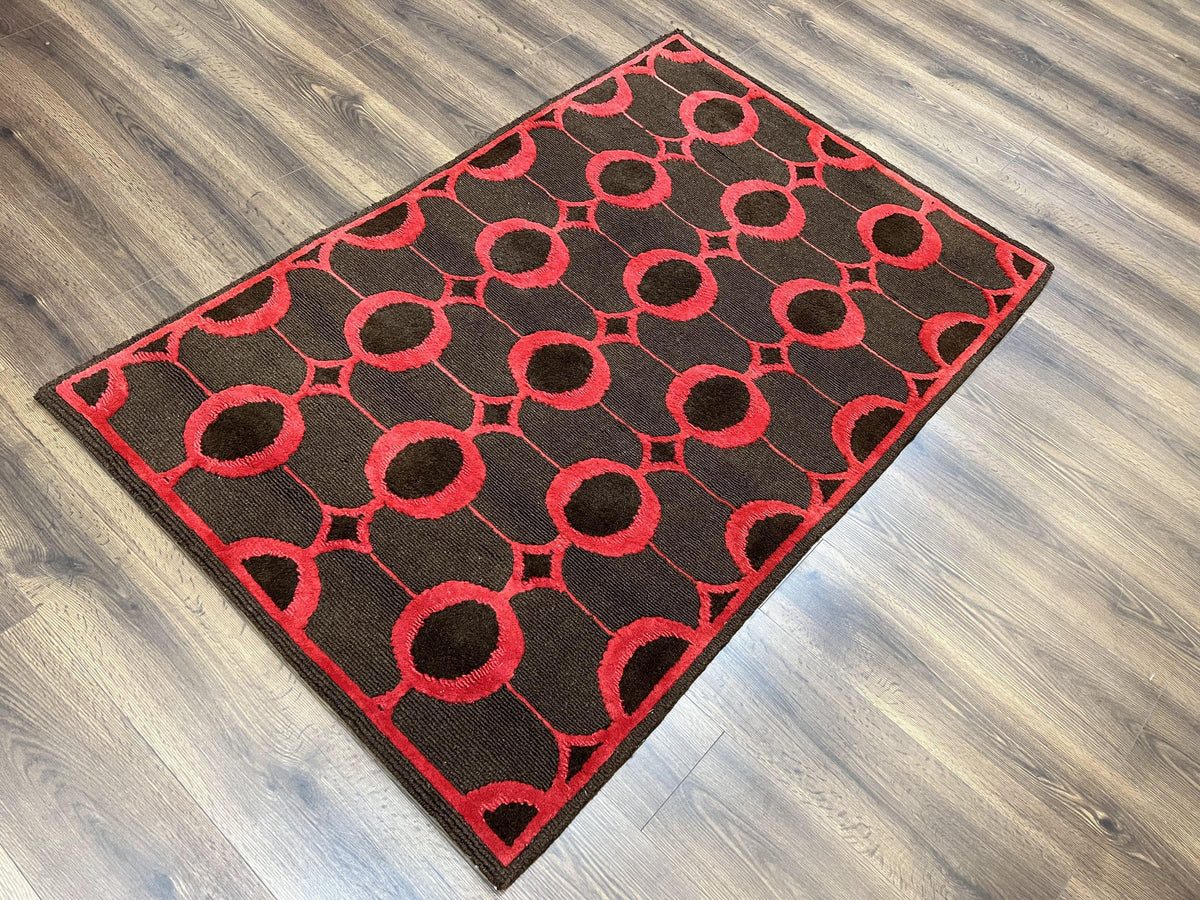 Modern Tibetan Rug 3.8 x 5.7, Raspberry Red and Dark Brown, Abstract Circle Design, Hand Knotted, Soft Wool Handmade Tibet Nepali Carpet 4x6 - Jewel Rugs, view 3