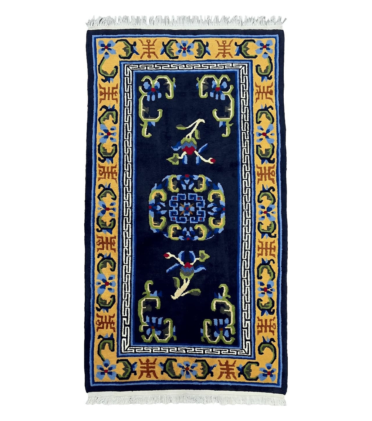 Chinese Art Deco Rug 3 x 5.9, Handmade Chinese Peking Carpet, Dark Blue and Gold, Medallion, Asian Oriental 3x6 Hand Knotted Vintage Rug - Jewel Rugs