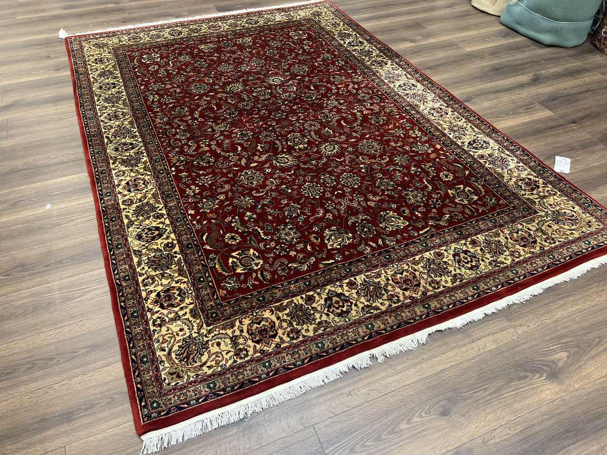 Vintage Indo Persian Rug 6x9, Very Finely Hand-Knotted Carpet 6 x 9 Red Cream Indian Oriental Carpet, Traditional Floral Wool Area Rug 1970s - Jewel Rugs, view 11