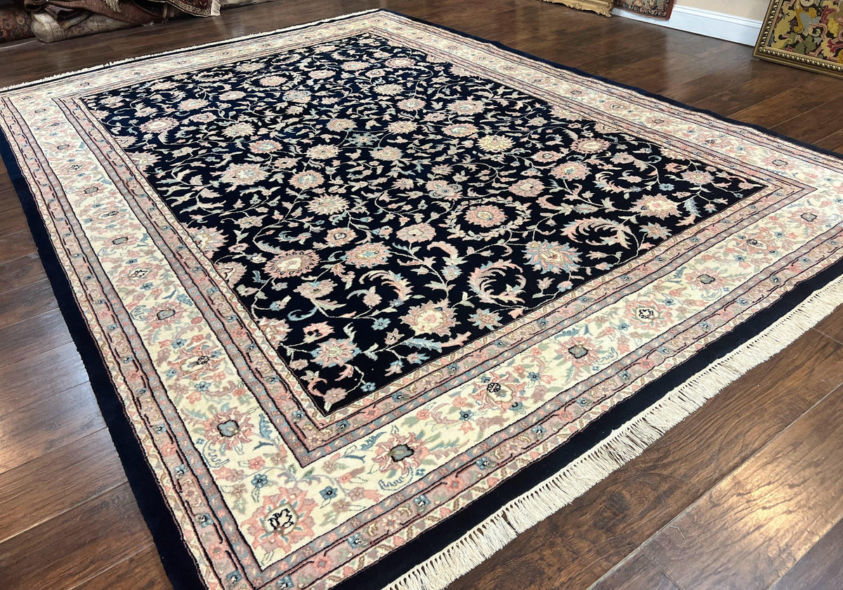 Indo Persian Rug 9x12, Navy Blue and Ivory/Cream, Floral Allover, Wool Vintage Handmade Carpet - Jewel Rugs, view 13