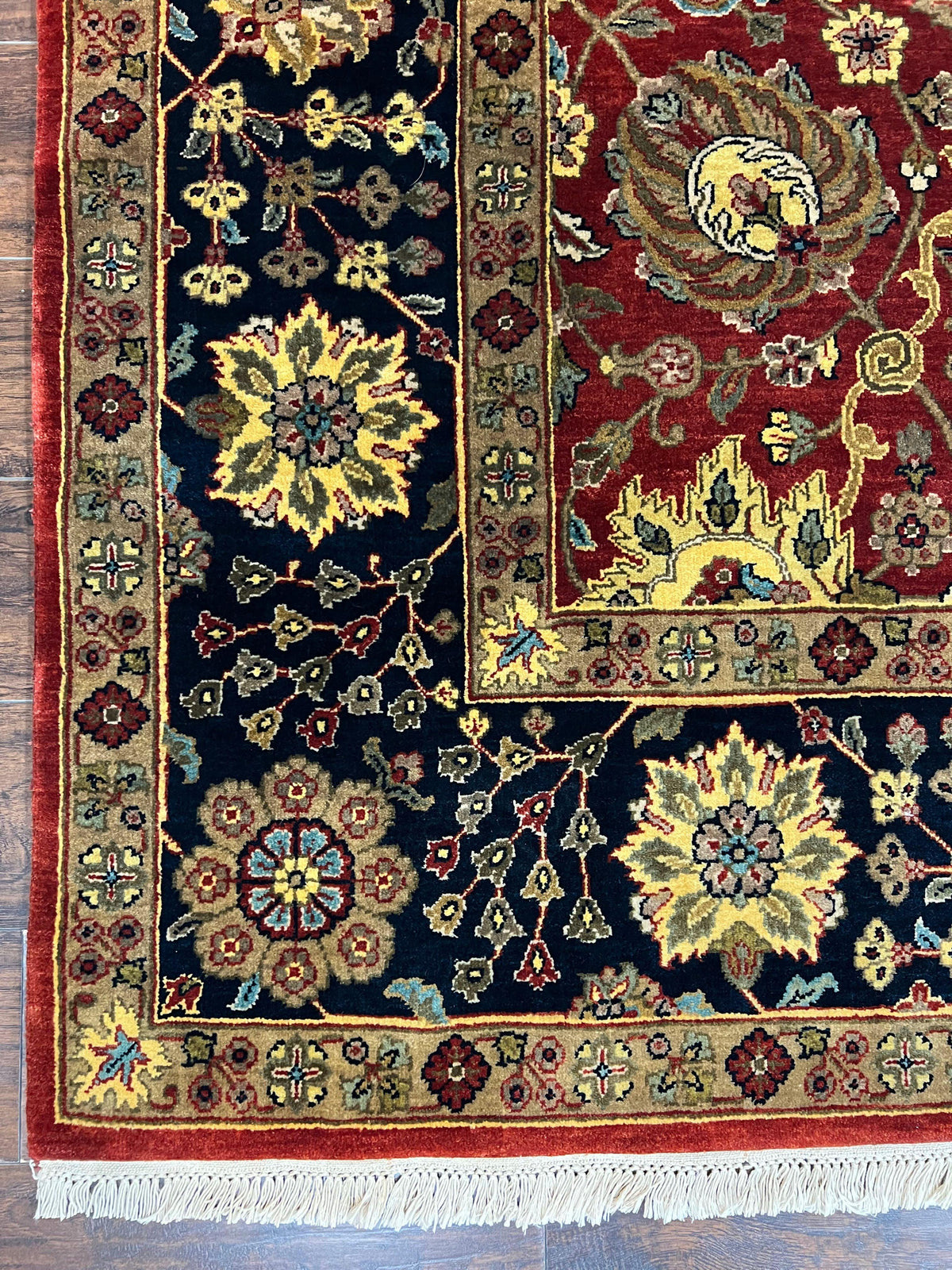 Indo Persian Rug 9x12, Hand Knotted Traditional Indian Wool Oriental Carpet 9 x 12 ft, Maroon and Navy Blue, Floral Allover 9x12 Vintage Rug - Jewel Rugs, view 8