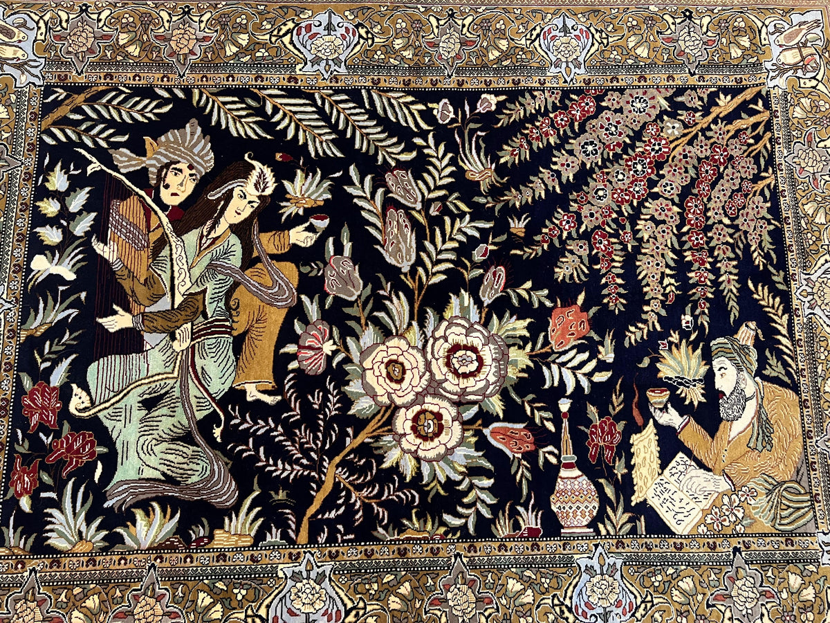 Persian Qum Pictorial Rug 4.8 x 6.5 - Layla & Majnun, Birds - Jewel Rugs, view 2
