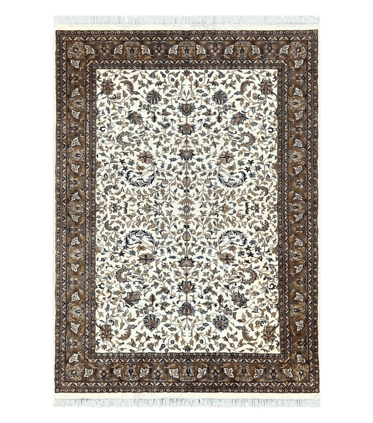 Indo Kirman Rug 8x12 Allover Floral Design, Ivory/Cream Brown, Vintage Handmade Hand Knotted Rug, Traditional Wool Persian Carpet 8 x 12 - Jewel Rugs