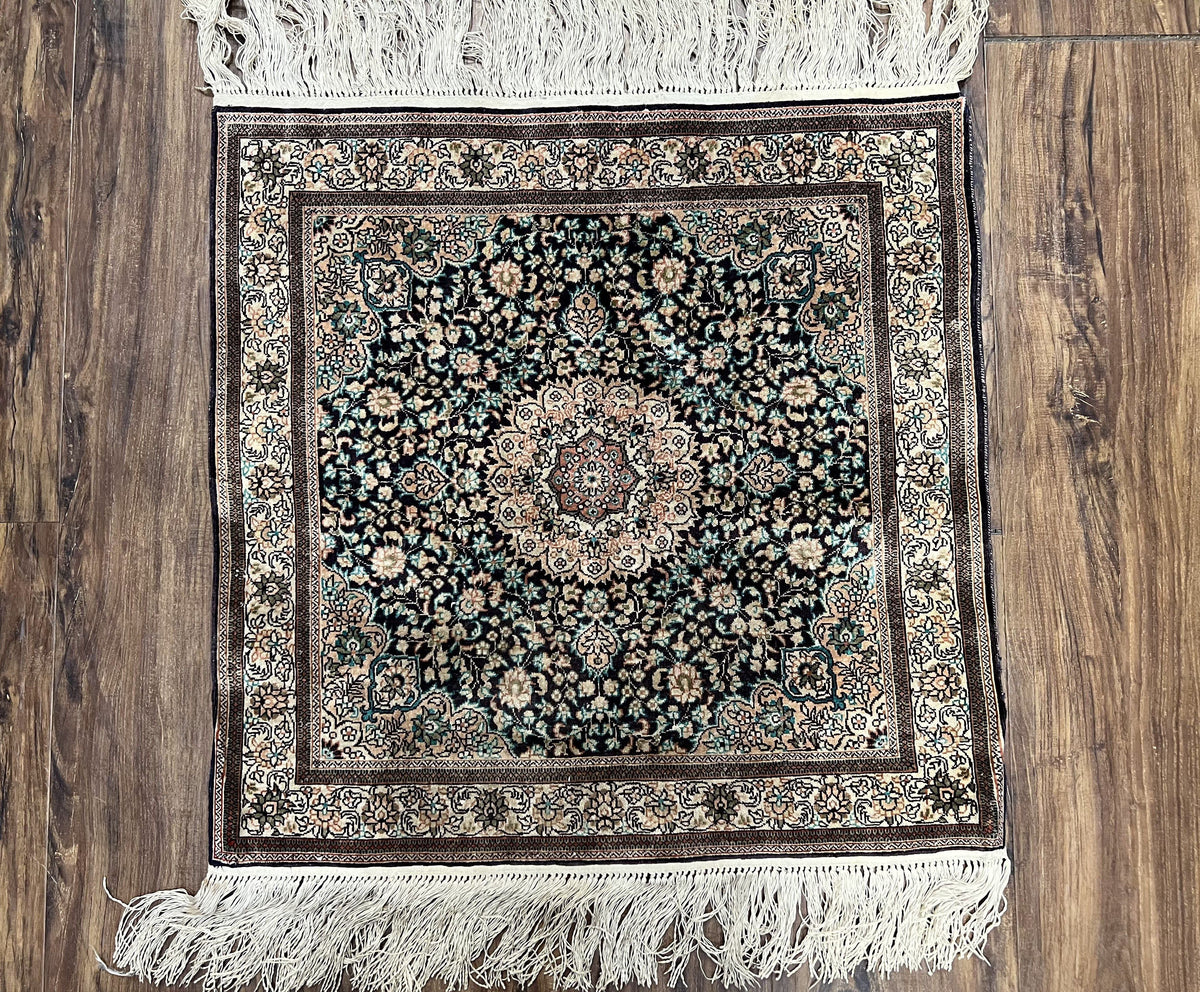 Sino Persian Silk Rug 2x2 ft, Very Fine High KPSI Small Silk Oriental Carpet, Hand-Knotted, Medallion, Vintage Silk Rug, Black Ivory/Cream - Jewel Rugs, view 2
