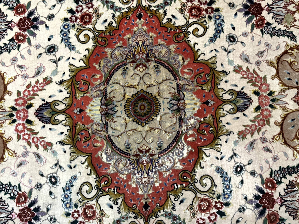 Wonderful Persian Tabriz Rug 5x7, Very Fine 440 KPSI, Ivory and Coral, Rare - Jewel Rugs, view 5