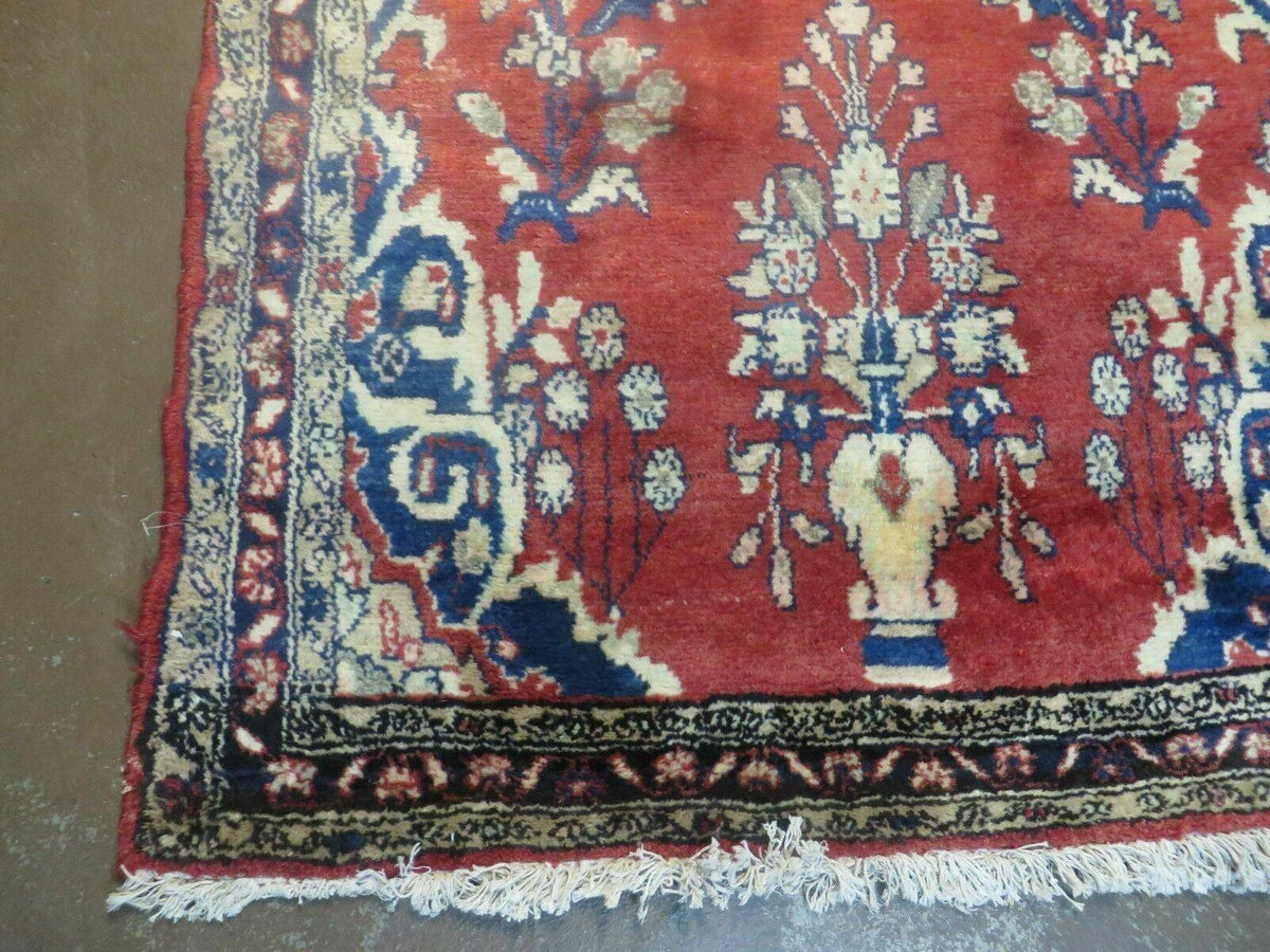 Persian Runner Rug 3 x 12, Antique Wool Oriental Runner, Floral Vases, Red & Navy Blue - Jewel Rugs, view 8