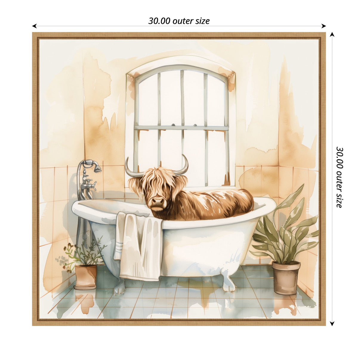 Sylvie Highland Cow Bathroom Watercolor Framed Canvas by The Creative Bunch Studio