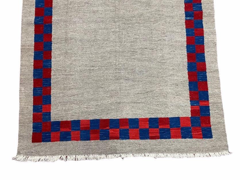 5' 7" x 7' 9" Geometric Kilim Carpet, Gray, Handmade, Hand-Knotted Area Rug, Blue & Red, Flatweave, Wool, New, Checkerboard Pattern - Jewel Rugs, view 6