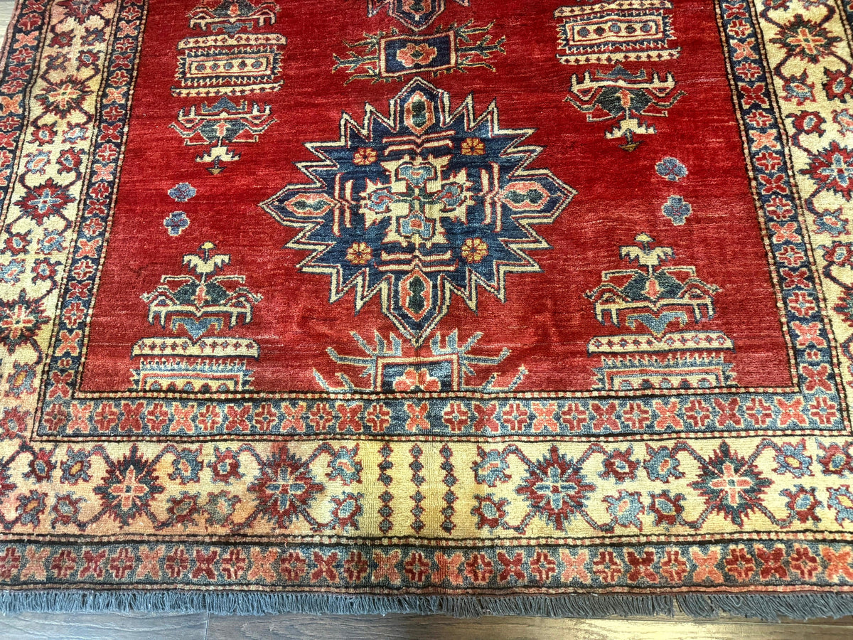 Square Turkish Rug 6x6, Azerbaijani Azeri Turkish Armenian Rug, Red Tan Blue, Geometric, Wool Carpet - Jewel Rugs, view 6