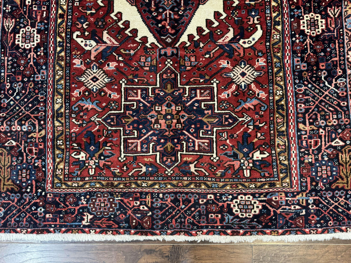Persian Karajeh Rug 5x6, Antique Heriz Carpet, Geometric, Persian Tribal Rug, Brick Red Navy Blue - Jewel Rugs, view 6
