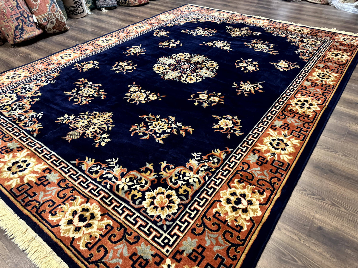 Chinese Wool Rug 8x11, Navy Blue and Terracotta, Floral, Couristan Belgium Power Loomed Carpet - Jewel Rugs, view 3