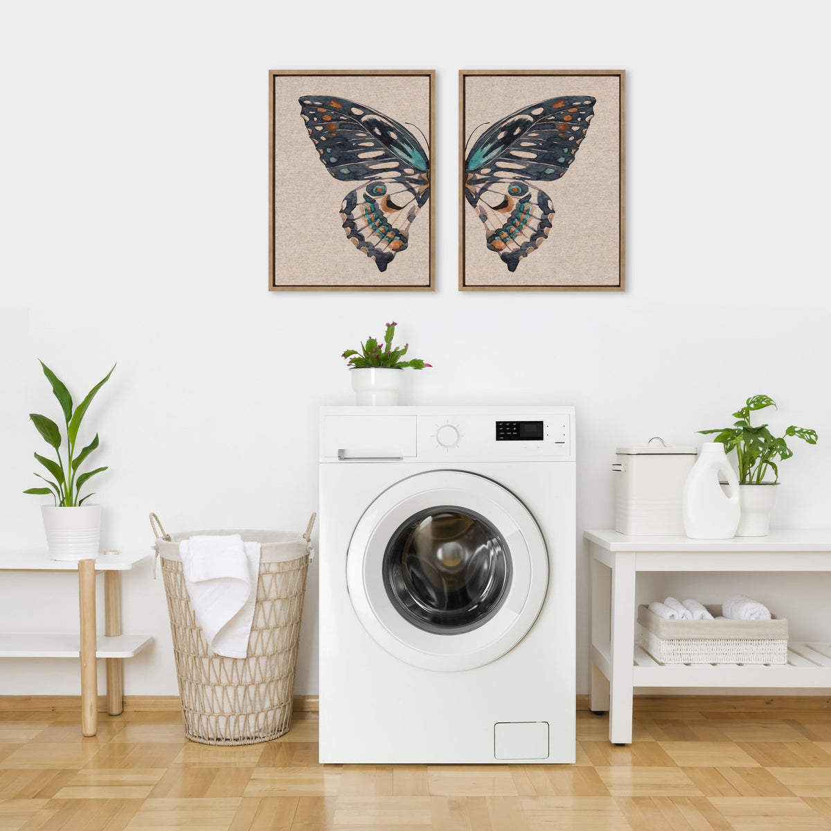 Sylvie Boho Butterfly Watercolor Diptych Neutral Linen Framed Canvas Art Set by The Creative Bunch Studio