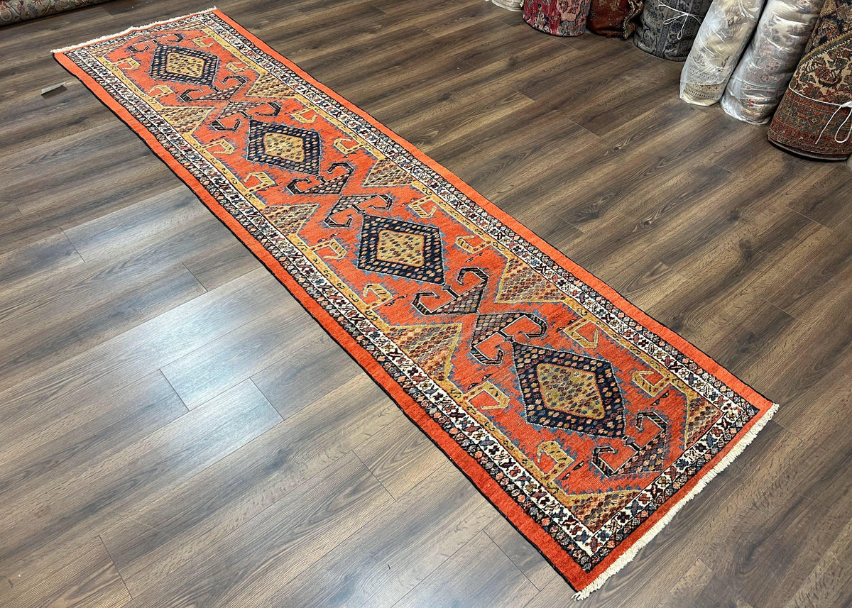 Rare Persian Tribal Runner Rug 3 x 11, Sarab Serab Persian Runner, Antique 1920s Collectible Geometric Medallions Oriental Wool Runner, Hand Knotted, Bright Orange-Red - Jewel Rugs, view 2