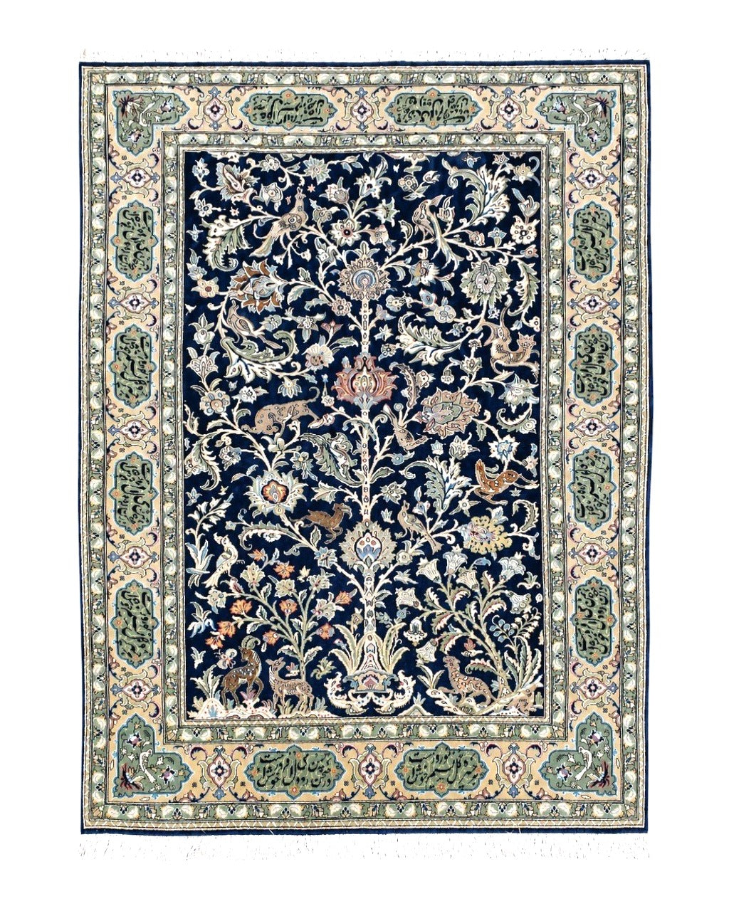 Semi Antique Persian Qum Tree of Life Rug, Hand-Knotted, Wool, Midnight Blue and Tan, Animal Pictorials, Written Poem in Borders, 4' 8" x 7' 8" - Jewel Rugs