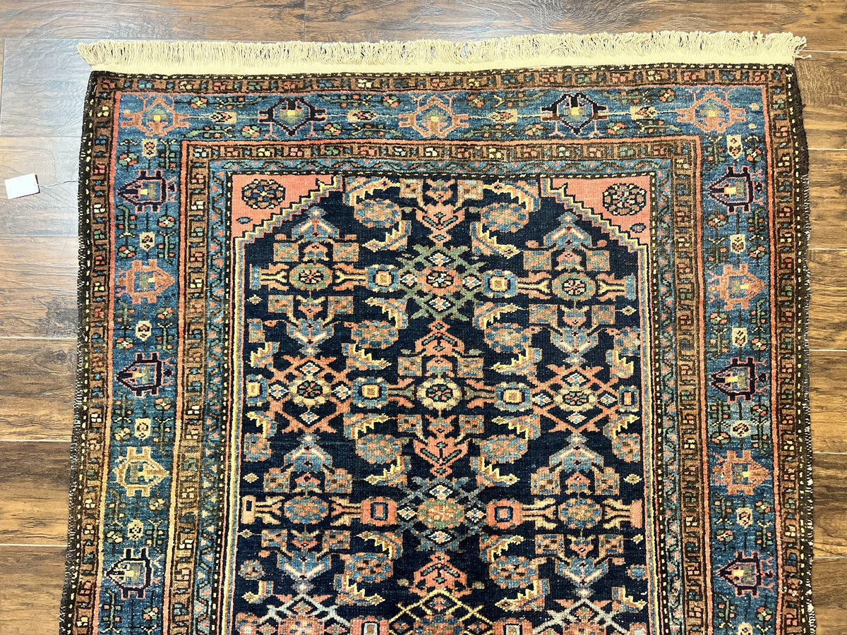 Antique Persian Tribal Rug 5x7, Navy Blue & Pink, Hand Knotted Handmade 1920s Wool Rug, Allover Pattern, Persian Hamadan Rug - Jewel Rugs, view 4