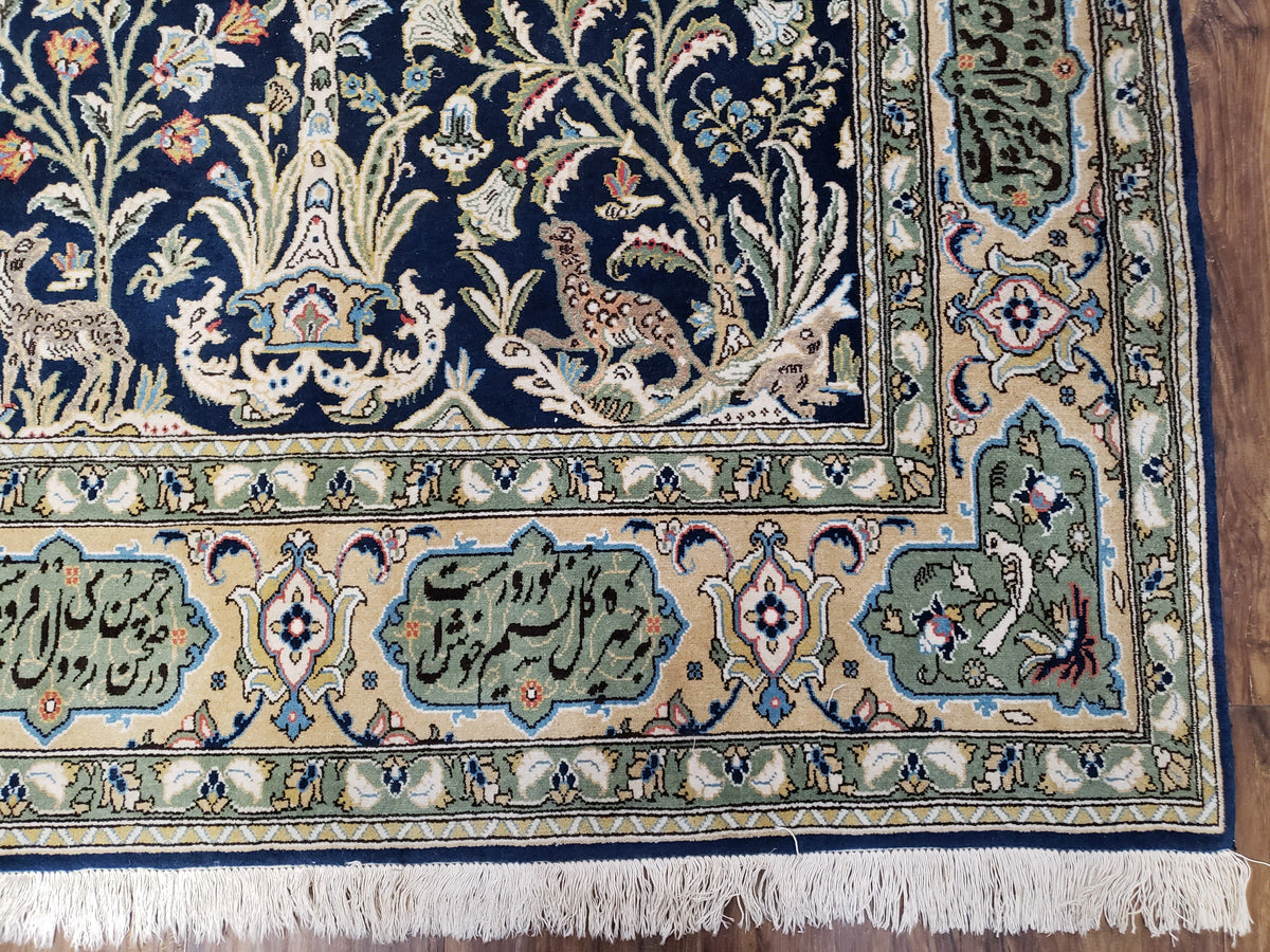 Semi Antique Persian Qum Tree of Life Rug, Hand-Knotted, Wool, Midnight Blue and Tan, Animal Pictorials, Written Poem in Borders, 4' 8" x 7' 8" - Jewel Rugs, view 9