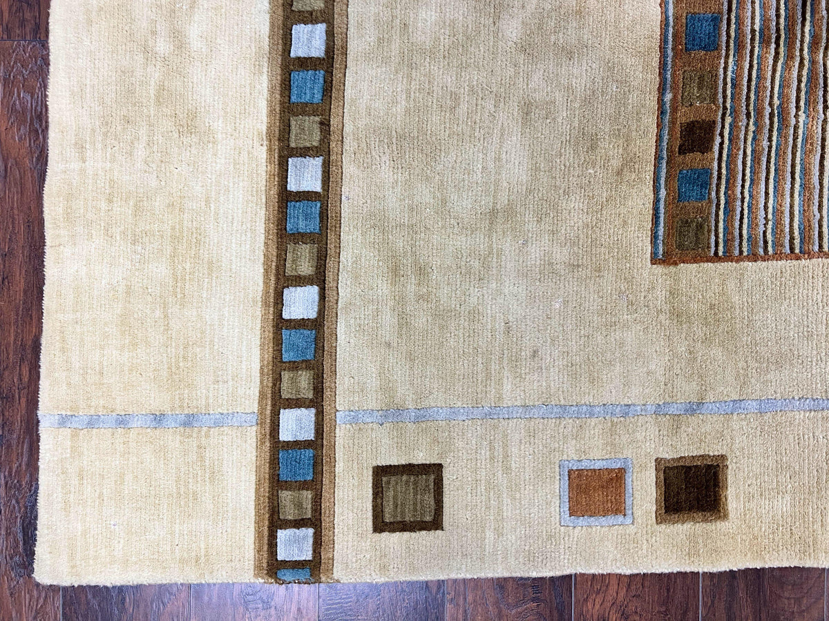 Tibetan Rug 5x8, Contemporary Rug 5 x 8 ft, Cream Brown Blue Hand-Knotted Wool w/ Silk Highlights Tibetan Carpet, Modern Rug - Jewel Rugs, view 9