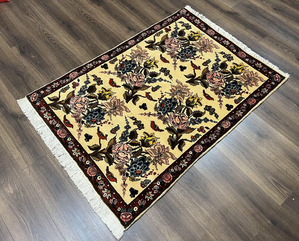 Persian Bidjar Rug 3.6 x 5 ft, Repeated Floral Motifs, Roses and Birds, Cream Burgundy, Fine Wool Oriental Bijar Carpet, Vintage Traditional Area Rug - Jewel Rugs, view 3