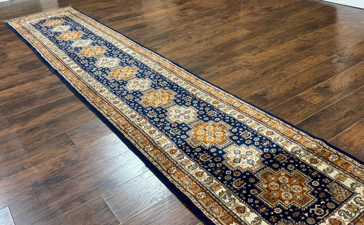 Indo Persian Runner Rug 2.6 x 12.7, Indian Kashmiri Runner for Hallway or Kitchen, Navy Blue, Geometric Medallions, Handmade Wool - Jewel Rugs, view 2