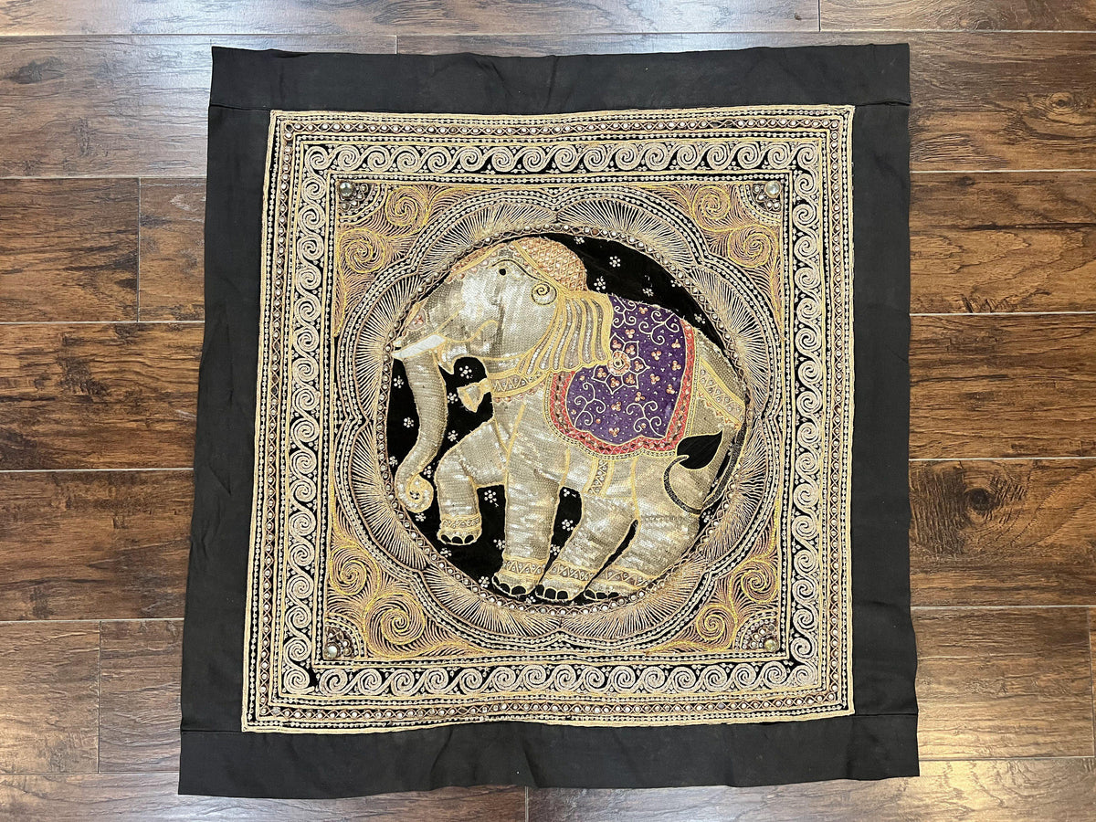 Indian Embroidery 3x3, Elephant Design, Detailed Needlepoint, Beadwork - Jewel Rugs, view 2
