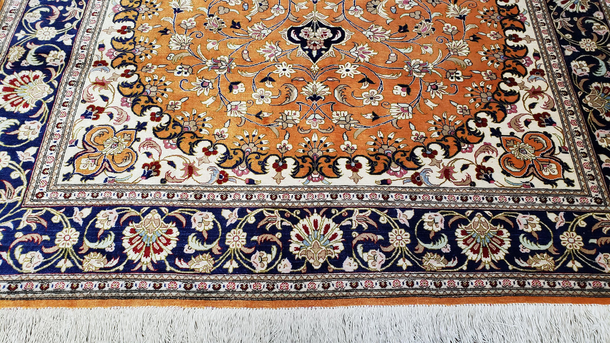 Vintage Persian Qum Silk Rug 4.6 x 6.7, Burnt Orange and Navy Blue, Antique Oriental Very Fine Signature Master Weaver 350+ KPSI Ghom Qom 5x7 Rug - Jewel Rugs, view 8