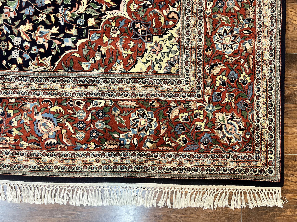 Indo Persian Rug 8x10, Floral Medallion, Vintage Handmade Wool Carpet, Navy Blue and Red, Fine 300 KPSI - Jewel Rugs, view 10