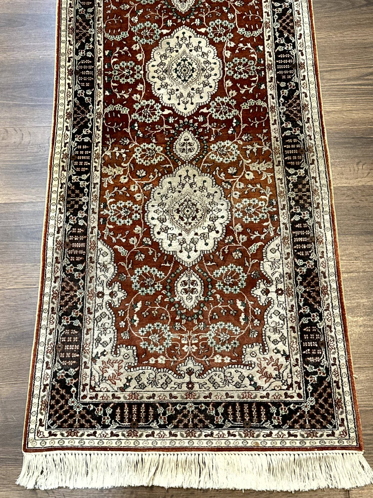 Turkish Silk Narrow Runner Rug 2 x 5.8, Very Fine 340 KPSI, Floral Medallions, Red - Jewel Rugs, view 6