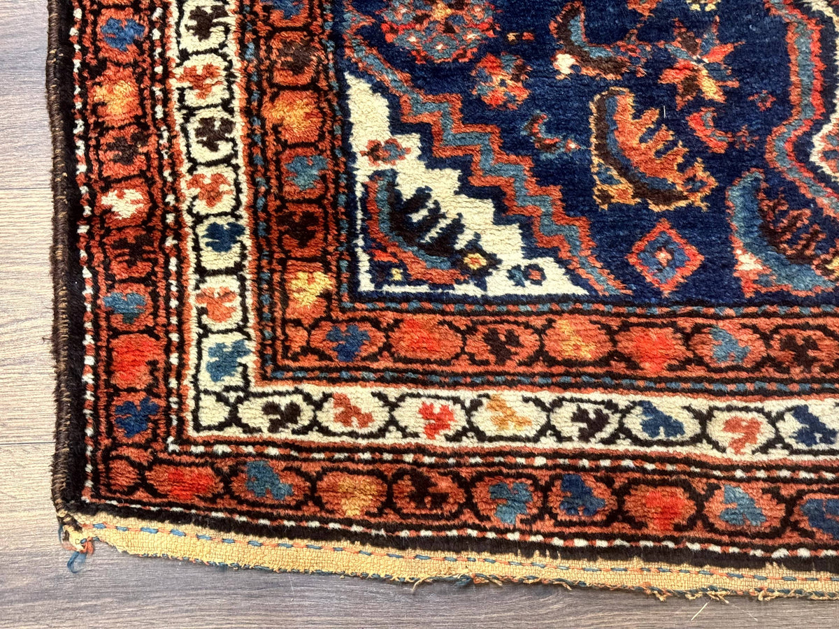 Antique Persian Hamadan Rug 4x6, Geometric, Double Medallions, Navy Blue, Tribal Carpet - Jewel Rugs, view 9