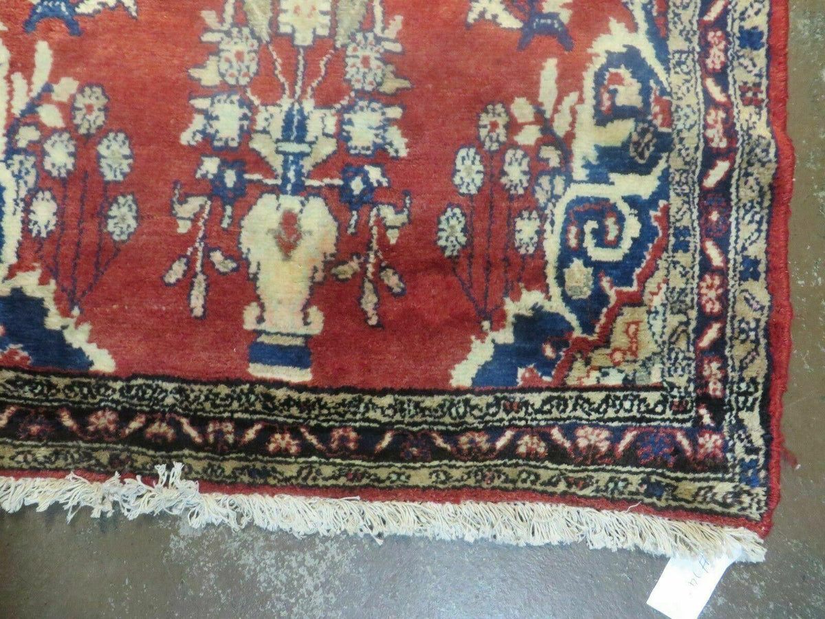 Persian Runner Rug 3 x 12, Antique Wool Oriental Runner, Floral Vases, Red & Navy Blue - Jewel Rugs, view 9