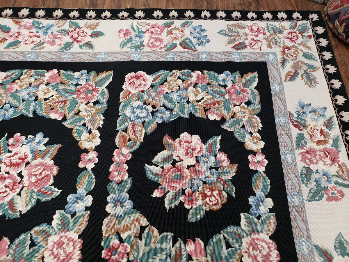 Floral Needlepoint Rug 9.5 x 13.6, Floral Panel Design, Black and Ivory Flatweave Aubusson Carpet, Multicolor - Jewel Rugs, view 8