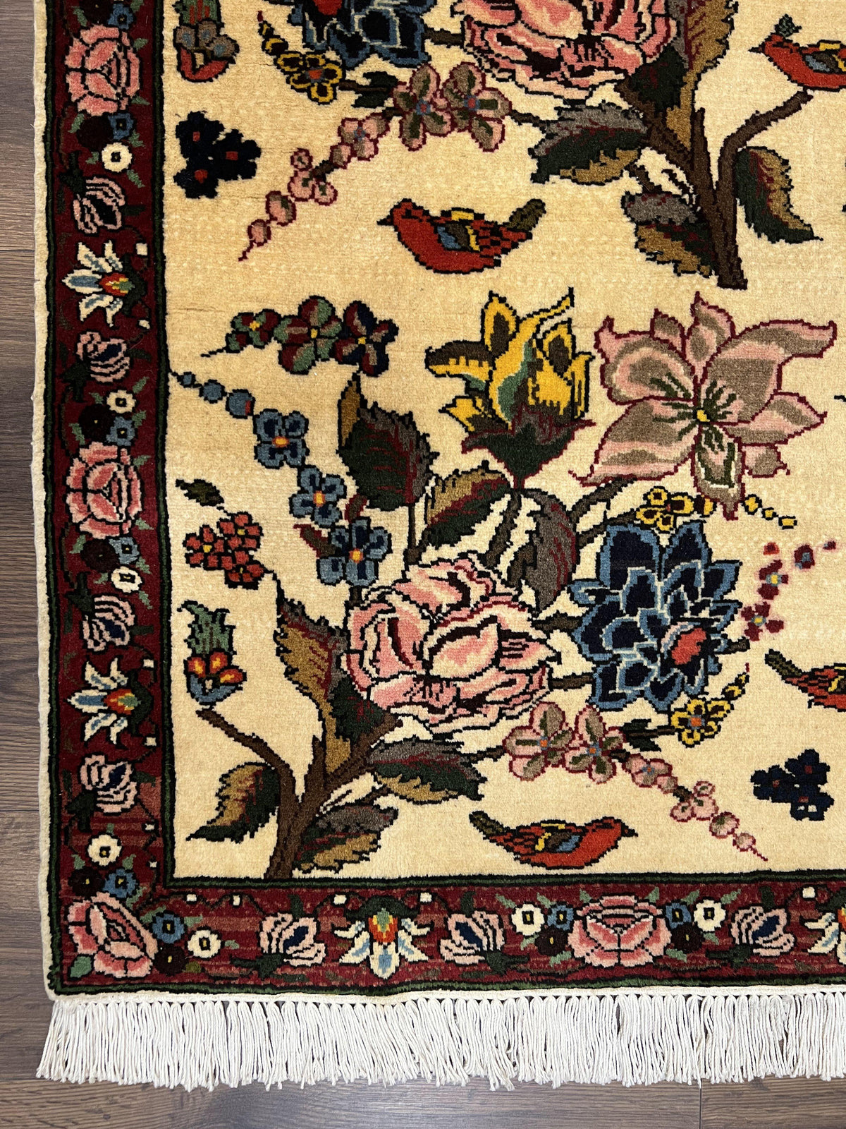 Persian Bidjar Rug 3.6 x 5 ft, Repeated Floral Motifs, Roses and Birds, Cream Burgundy, Fine Wool Oriental Bijar Carpet, Vintage Traditional Area Rug - Jewel Rugs, view 9