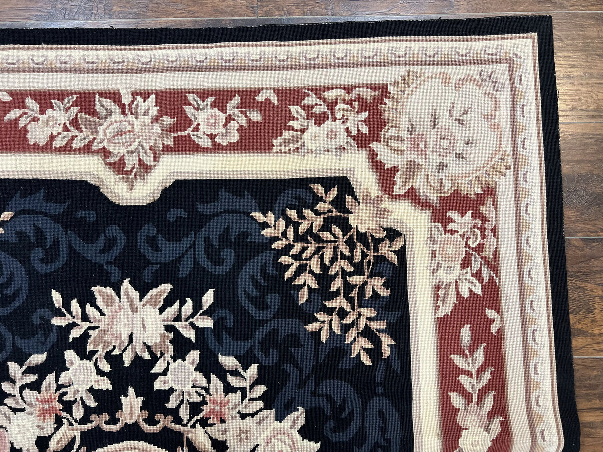 Needlepoint Rug 5x8, Wool Handmade Vintage European Design Carpet, Black & Maroon, French Aubusson Pattern Flatweave Rug - Jewel Rugs, view 8
