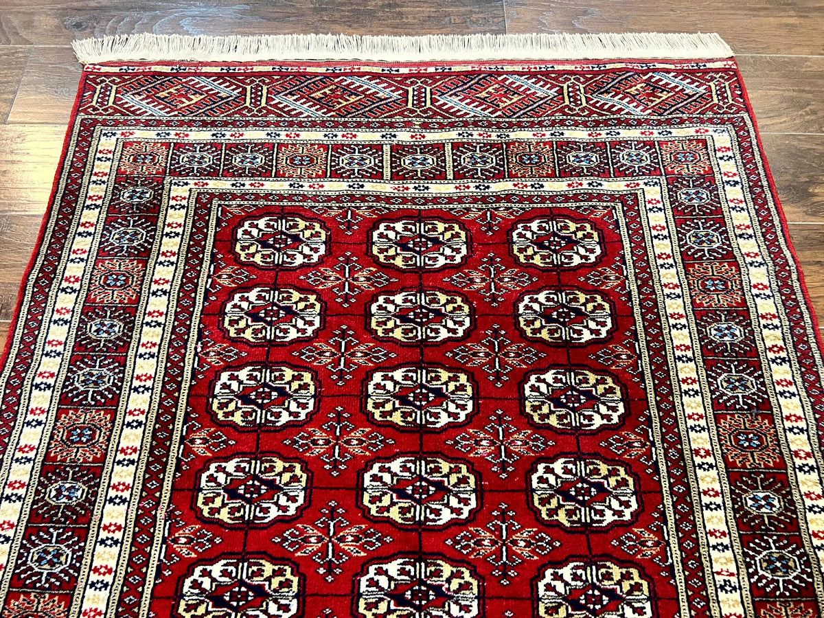 Pakistani Bokhara Rug 4x6, Red Turkoman Carpet, Finely Hand Knotted, Wool Vintage Rug - Jewel Rugs, view 4