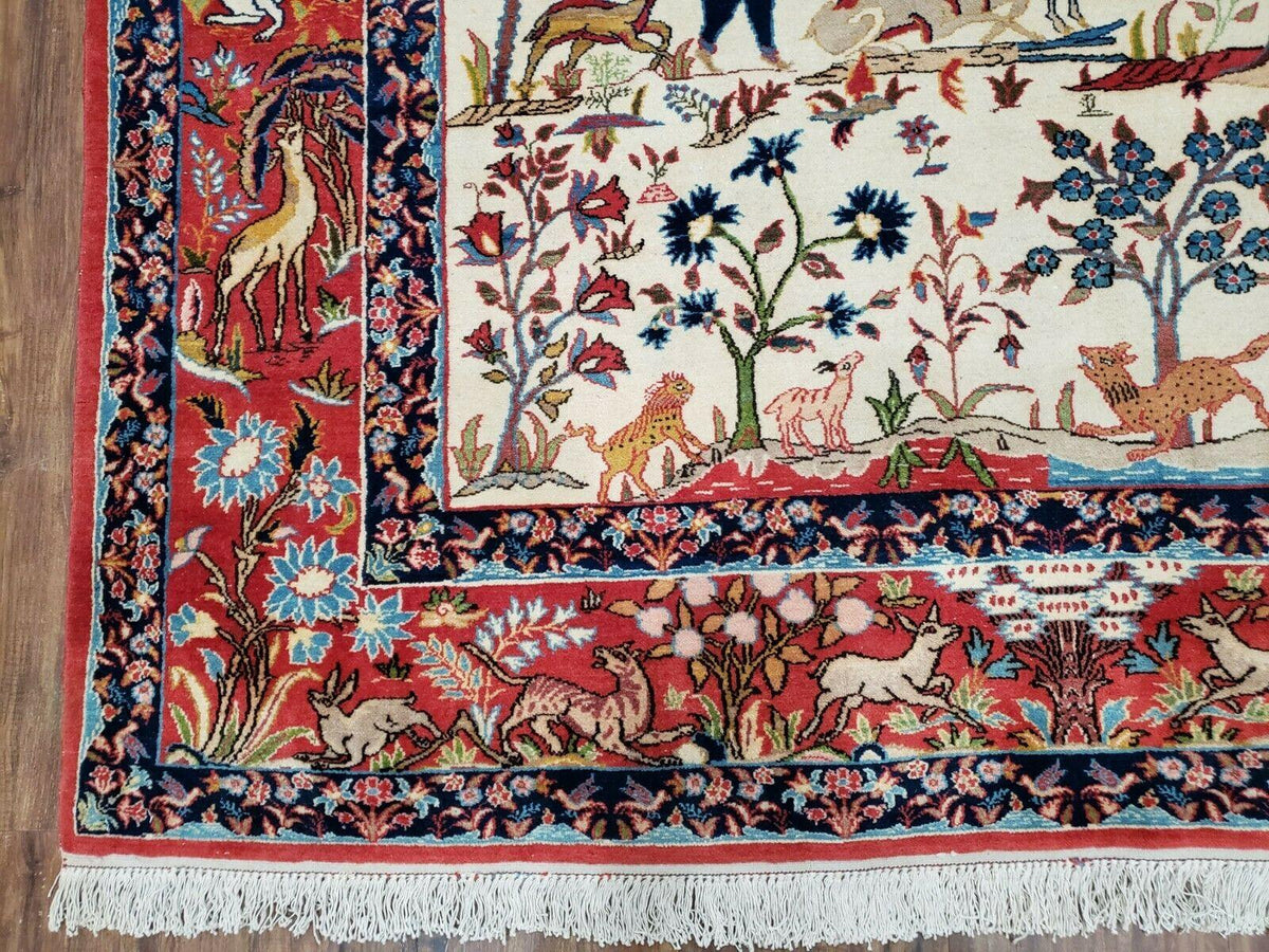 Antique Persian Isfahan Rug 5x7, Animal and Human Pictorials, Hand Knotted Fine Oriental Wool Carpet, Cream and Red, High KPSI, Vintage Rug 5 x 7 ft - Jewel Rugs, view 8