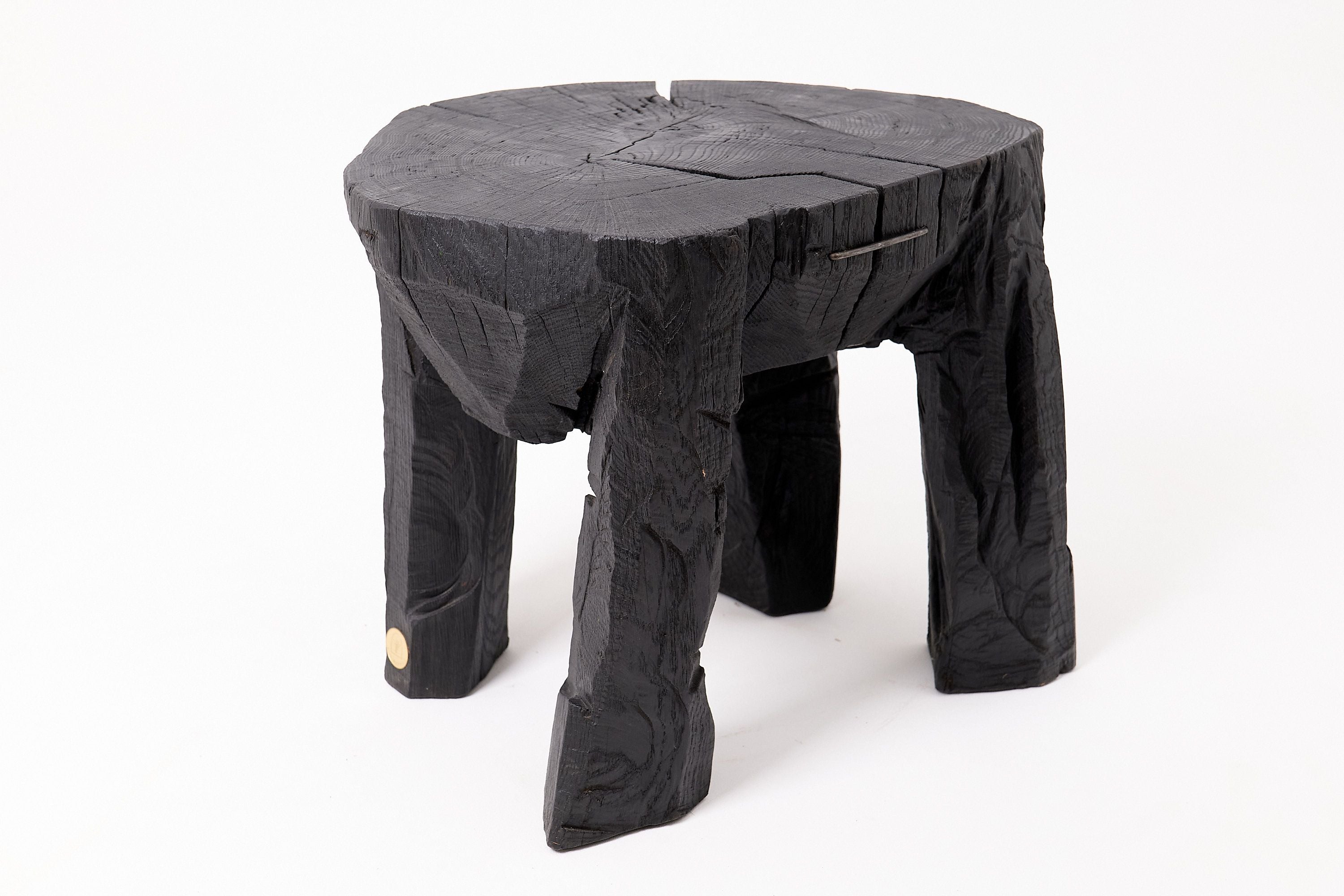 Sculptural Side Table, Rustic, Burnt Black Wood, Carved, Handmade