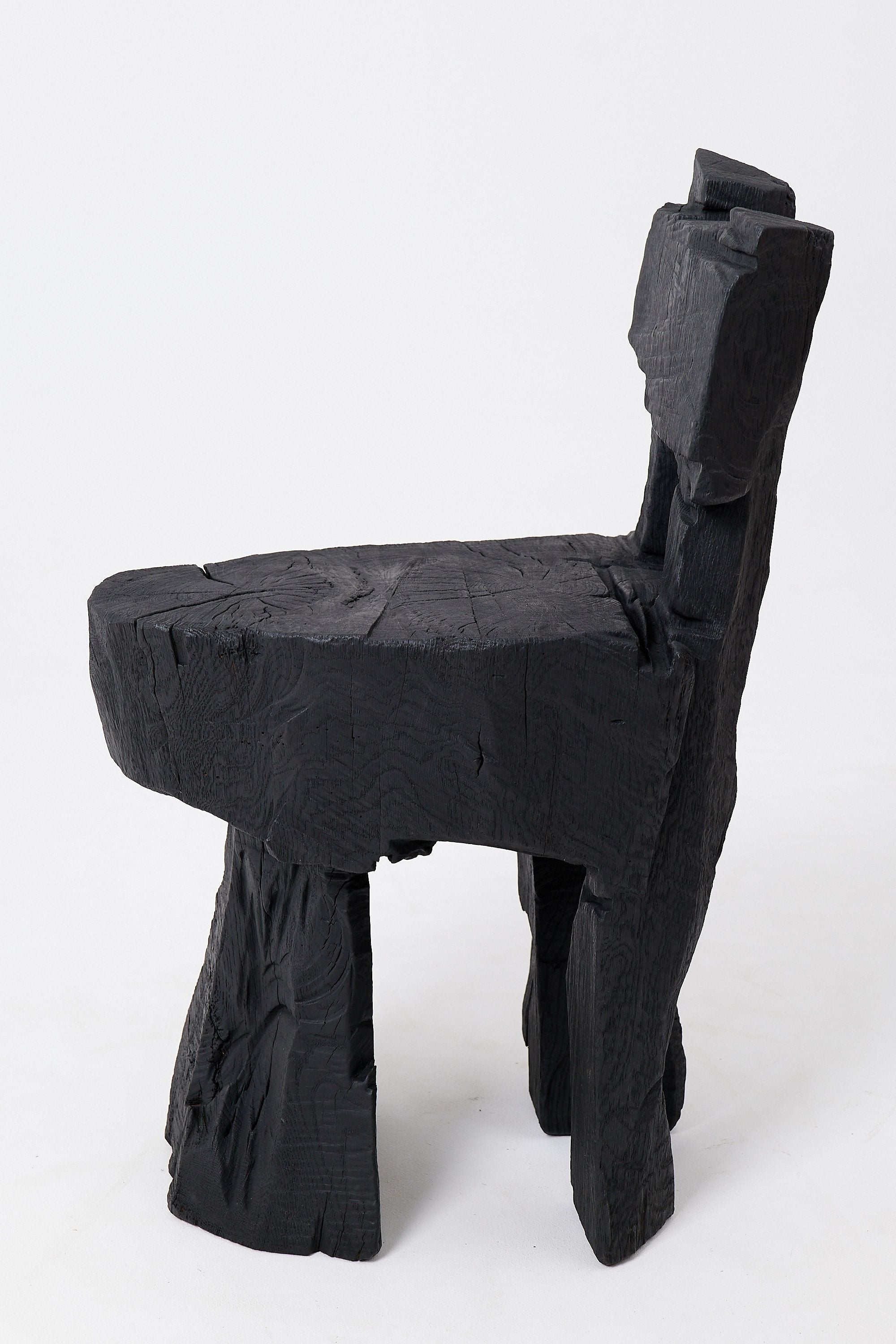 Brutalist Sculptural Stool, Carved, Solid Wood, Oak, Black, Rustic - image 3