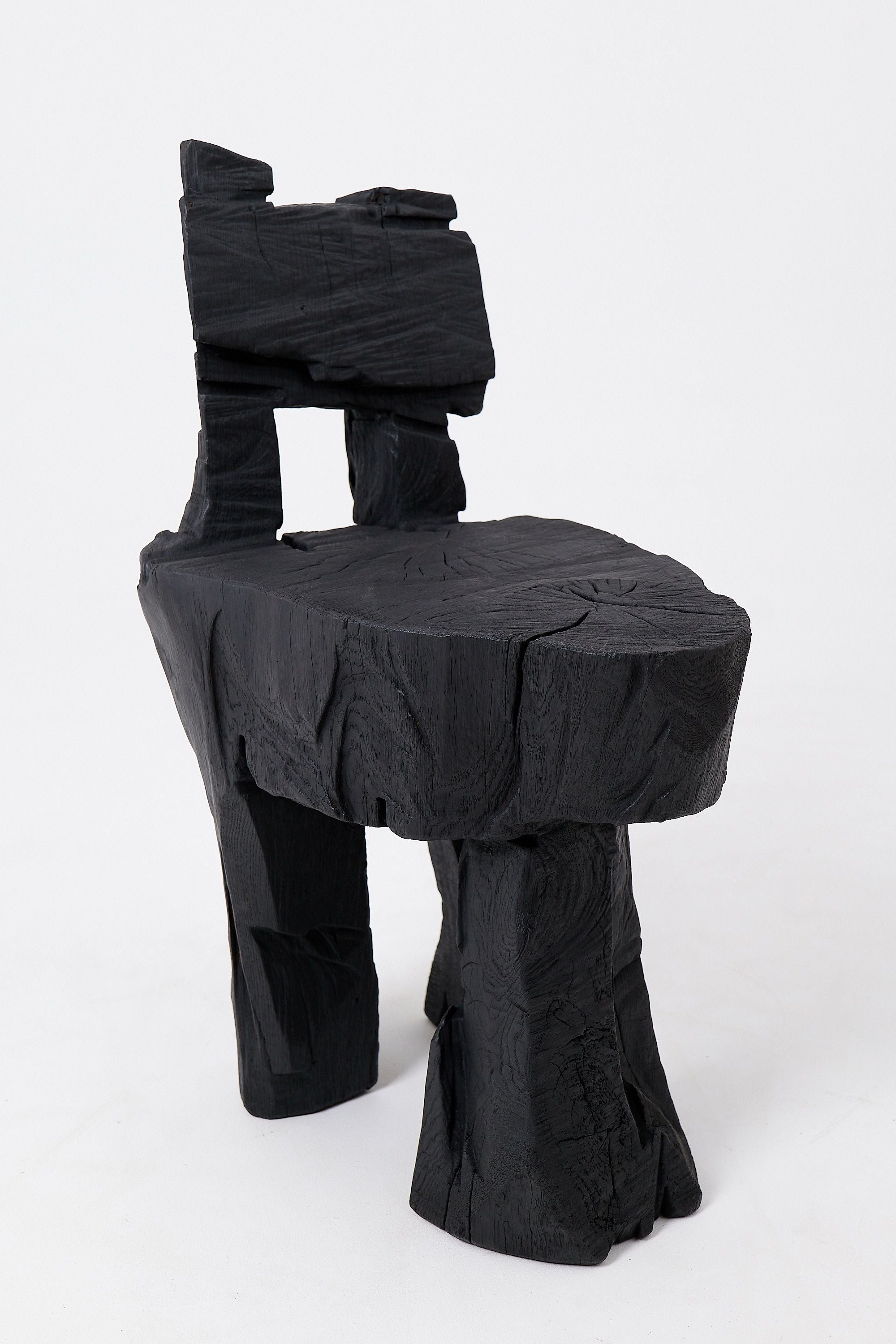 Brutalist Sculptural Stool, Carved, Solid Wood, Oak, Black, Rustic - image 12