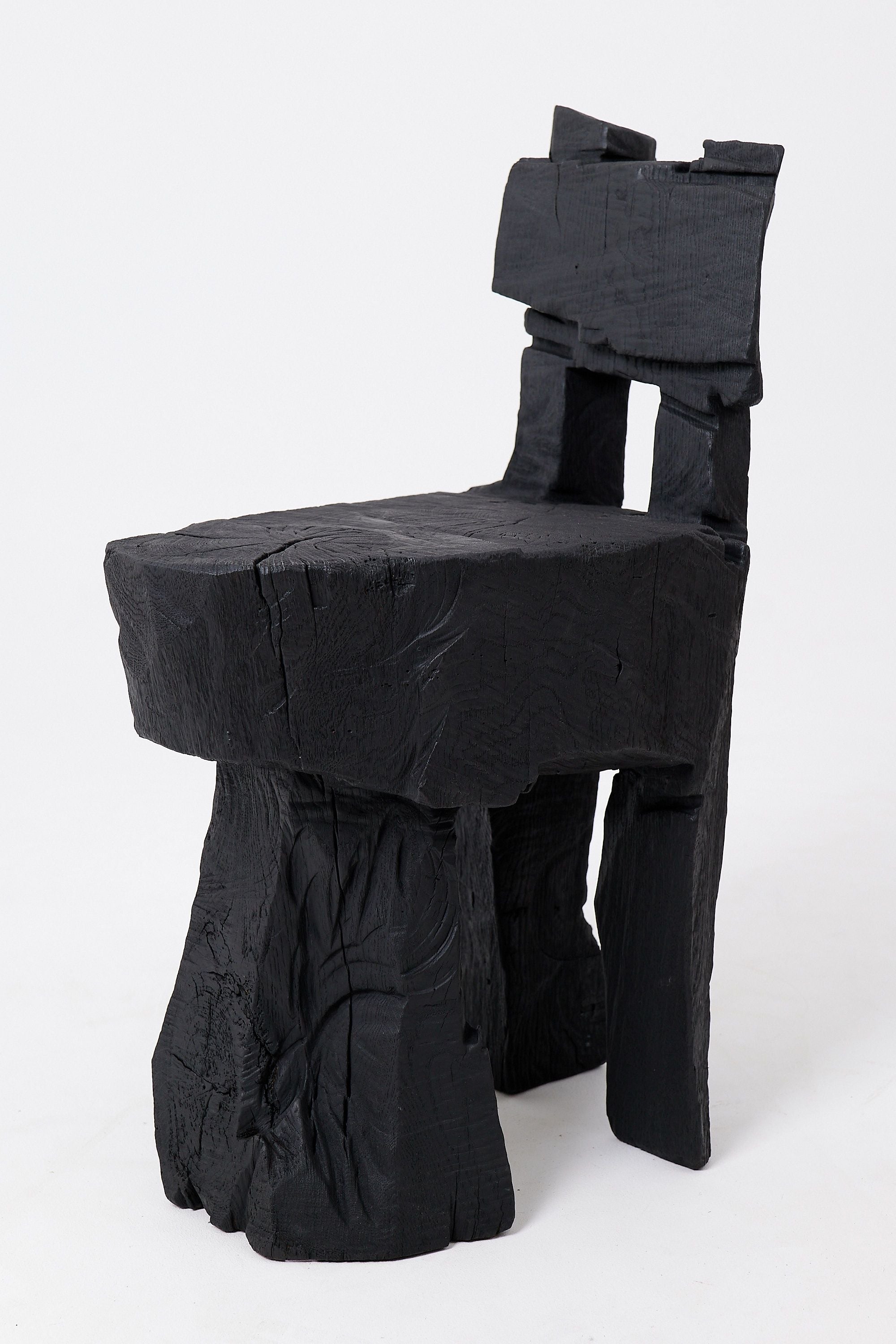 Brutalist Sculptural Stool, Carved, Solid Wood, Oak, Black, Rustic - image 2