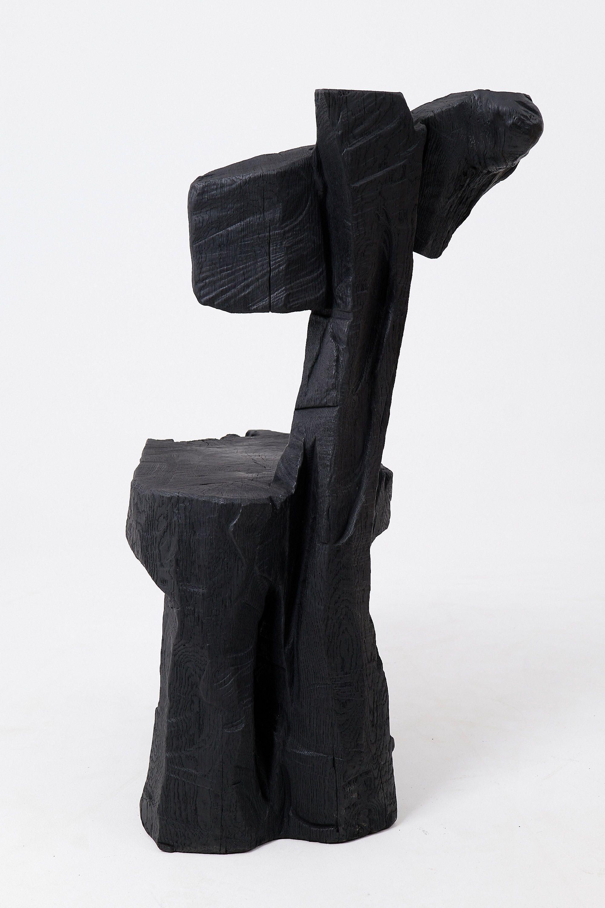 Brutalist Sculptural Chair, Carved, Solid Wood, Oak, Black, Rustic - image 6