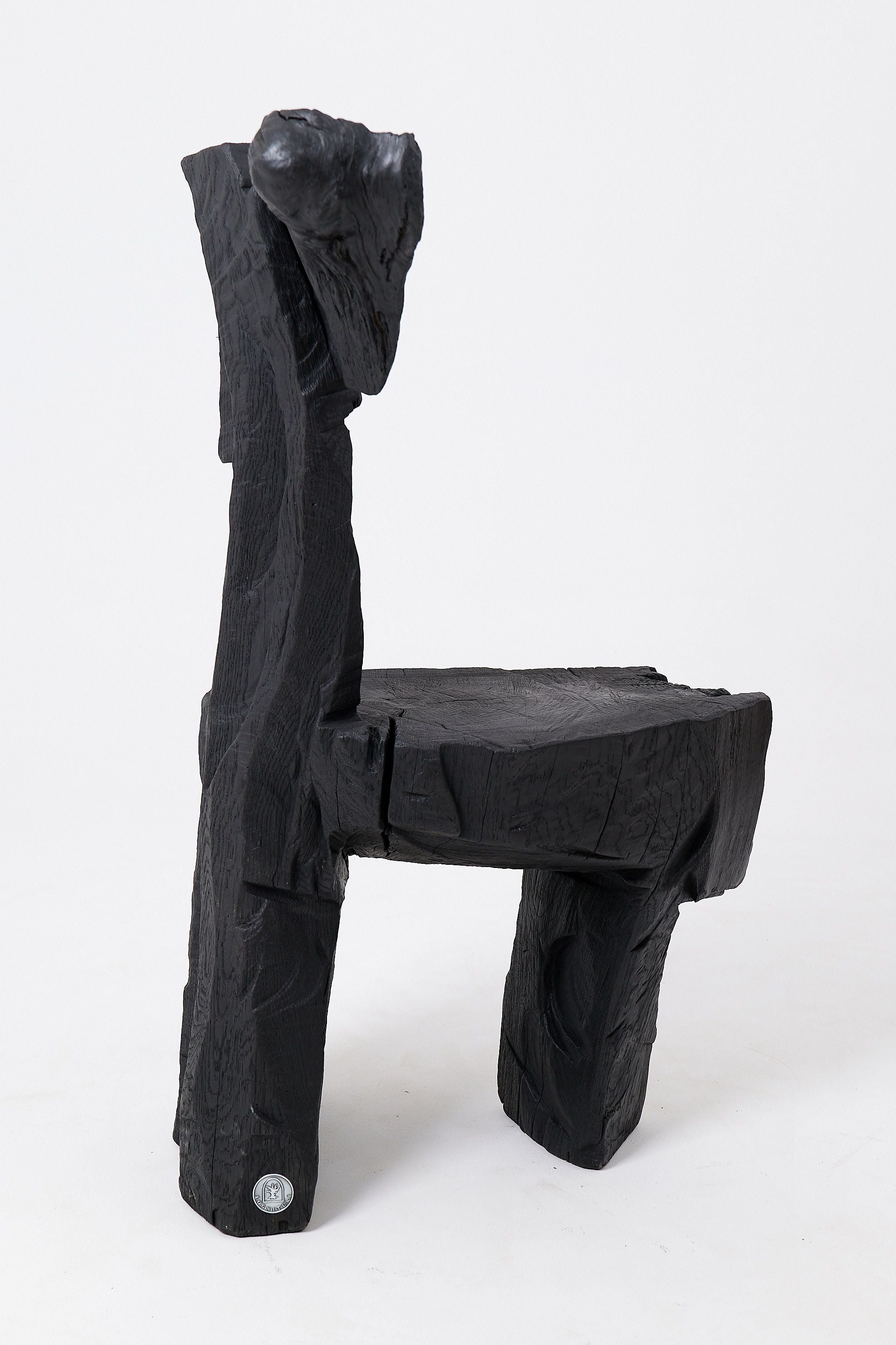 Brutalist Sculptural Chair, Carved, Solid Wood, Oak, Black, Rustic - image 8